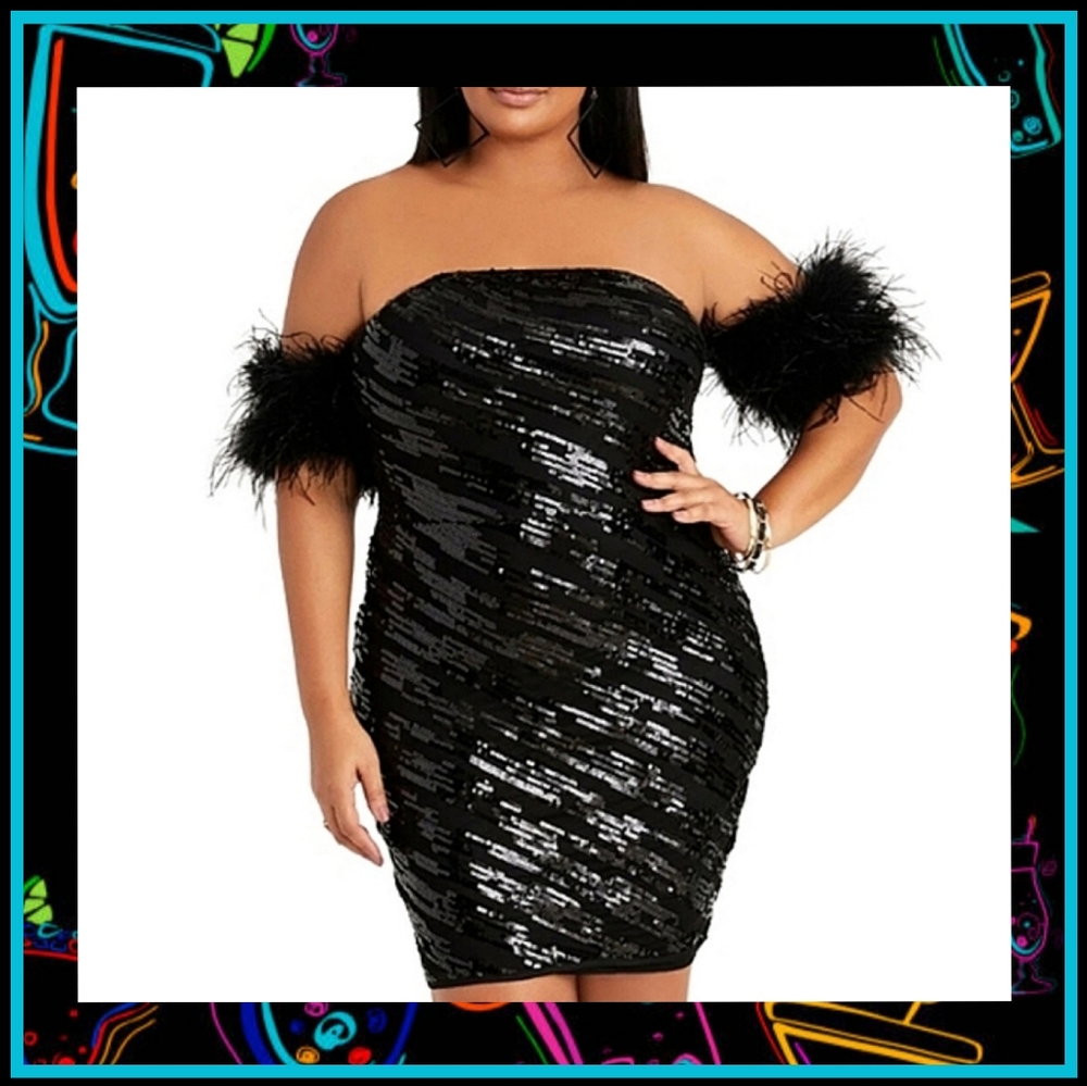 MARABOU FEATHER ☆ BLACK SEQUIN ☆ MESH BODYCON PARTY DRESS ☆ 5x [30/32] ☆ NWT
